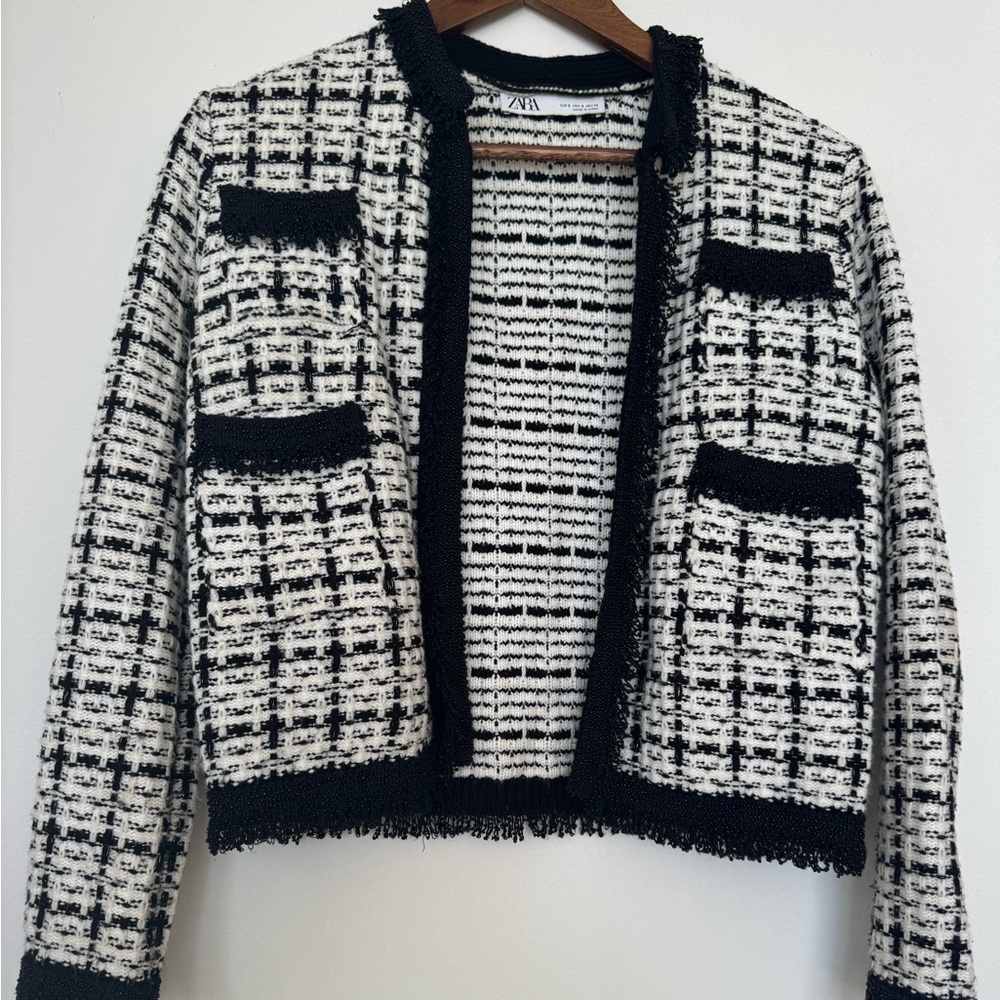 Zara Black & White Tweed Cropped Open Front Jacket